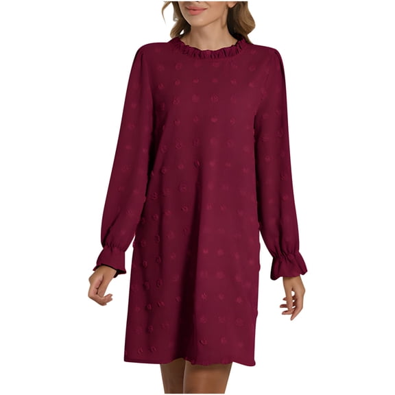 Ersazi Modest Dresses Women Casual Fashion Solid Bubble Embroidered Furball Loose Long Sleeve Round Neck Dress Wine L