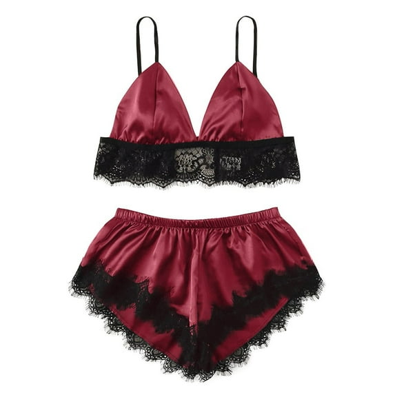 Ersazi New Lace Lingerie Silk Underwear Sleepwear Underwear Pajamas Satin Christmas Pajamas For Family Wine Xl