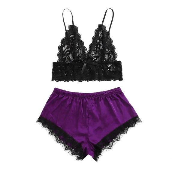 Ersazi New Lace Lingerie Silk Underwear Sleepwear Underwear Pajamas Satin Womens Sexy Pajamas Purple M