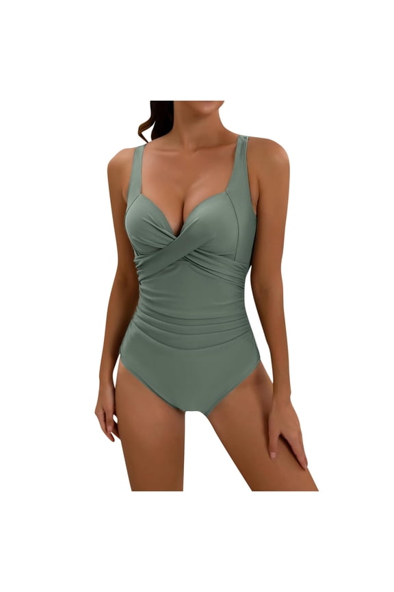 Ersazi One Piece Bathing Suit for Women Women's Swimsuit Women's Solid Color Belly Cover Hard Back Bikini Modest Swimsuits for Women Army Green Xxl