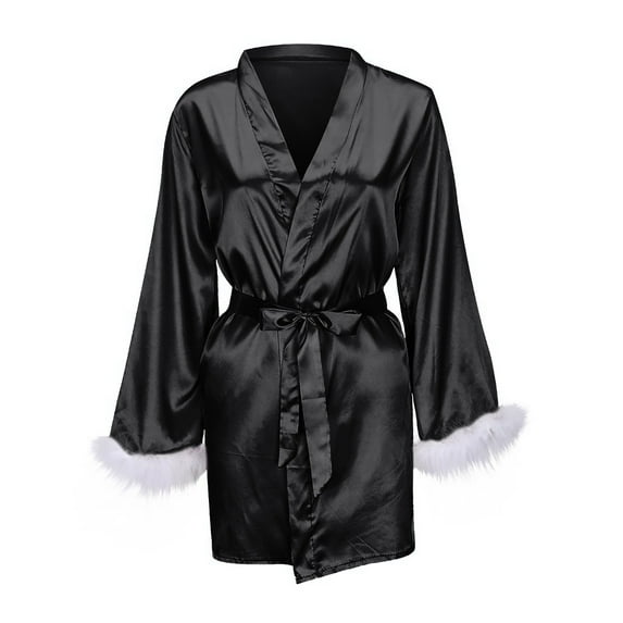 Ersazi Pajamas For Girls Women'S Sexy Solid Color Feather Robe 1 Piece Set Black Xl