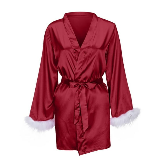 Ersazi Plus Size Nightgowns Women'S Sexy Solid Color Feather Robe 1 Piece Set Red Xxl