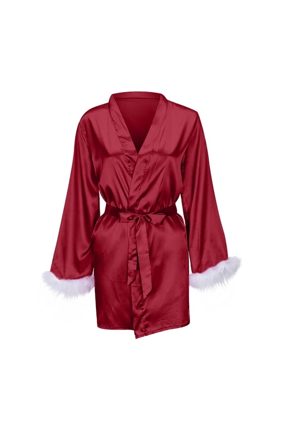Ersazi Plus Size Nightgowns Women'S Sexy Solid Color Feather Robe 1 Piece Set Red Xxl