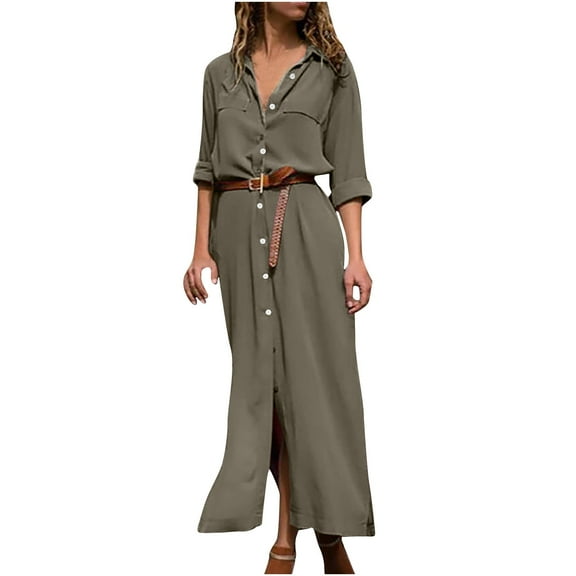 Ersazi Short Sundresses for Women Fashion Women Summer Casual Solid Dress V-Neck Long Sleeve Loose Dress Green Xxl