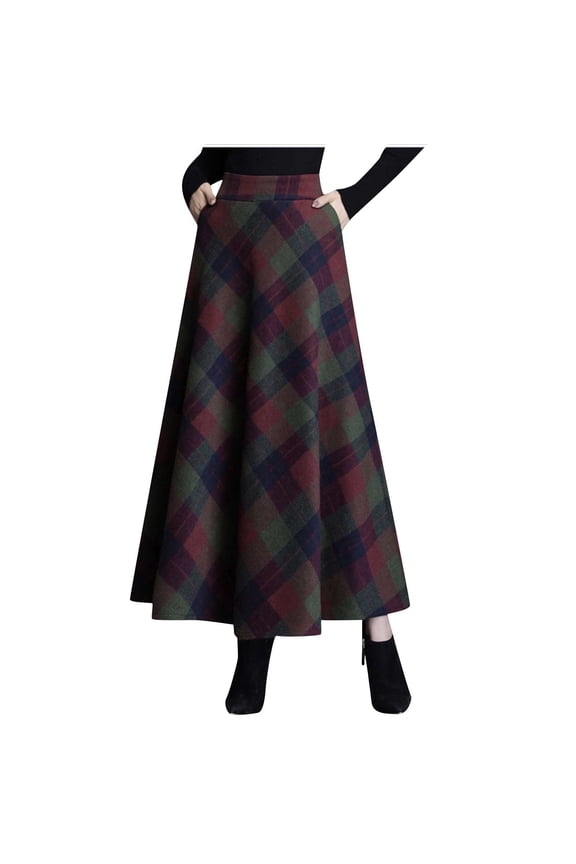 Ersazi Silk Skirts for Women Retro Woolen Plaid Skirt Mid Length High Waisted Woolen Skirt Long Skirt Skirts for Girls Size 10-12 Green Xl