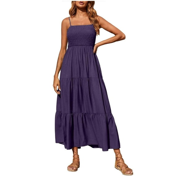 Ersazi Skirts for Women Trendy Bohemian Spaghetti Strap Smocked Tiered Long Beach Sun Dresses Sleeveless Solid Maxi Dress Skirts for Girls Purple 3Xl