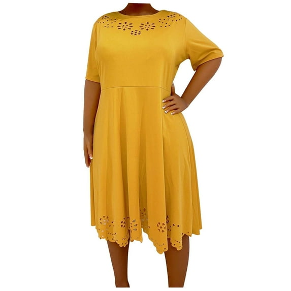 Ersazi Spring Dresses for Women Fashion Women’s Solid Burnt Flower Hollow Short Sleeve Round-neck Maxi Summer Loose Dress Maxi Dress for Women ,Yellow,XL