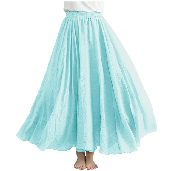 Ersazi Spring Dresses for Women 2024 Clearance Sale Women Casual Summer Large Solid Elastic Waist Flax A-Line Ankle Skirt Light Blue Free Size
