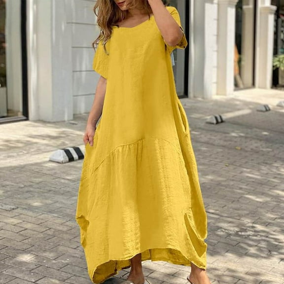 Ersazi Spring Outfits for Women Women's Summer Short Sleeve Solid Color Soft Comfortable Long Dress Yellow L