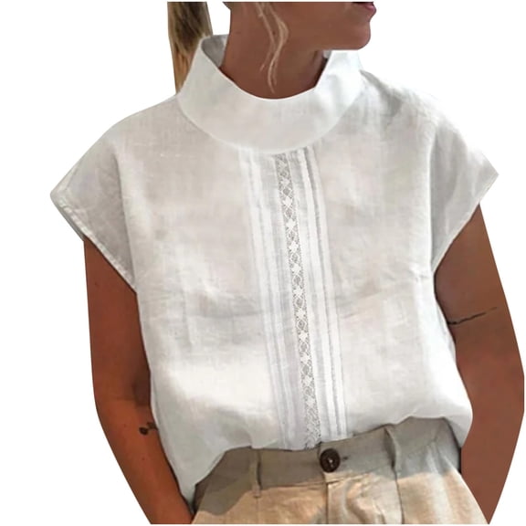 Ersazi Summer Dresses Spring Summer Solid Color Casual High Neck Top Cotton Linen Lace Blouses White M