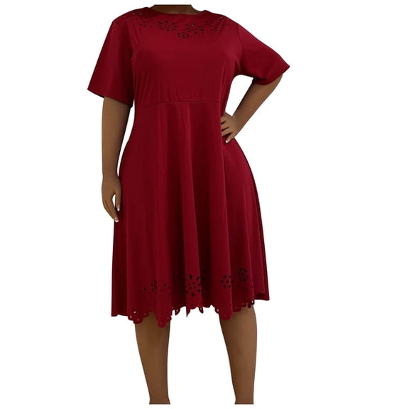 Ersazi Summer Dresses for Women Fashion Women’s Solid Burnt Flower Hollow Short Sleeve Round-neck Maxi Summer Loose Dress Elegant Dresses For Women Wedding Guest ,Red,XXL