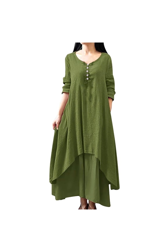 Ersazi Summer Dresses for Women Women's Fashion Plus Size Round-Neck Solid Long Dress Helf Sleeve Buttons Dress Sundresses for Women ,Green,XXL