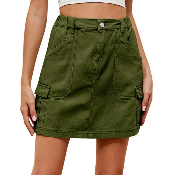 Ersazi Summer Dresses for Women 2024 Women's Elastic Waist Workwear Pocket Denim Short Skirt Half Skirt Army Green Xl