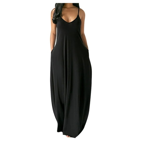 Ersazi Summer Maxi Dresses for Women 2024 On Clearance Fashion Women Sexy Plus Size Sleeveless Pockets Camisole Long Dress Womens Dresses Black 5Xl