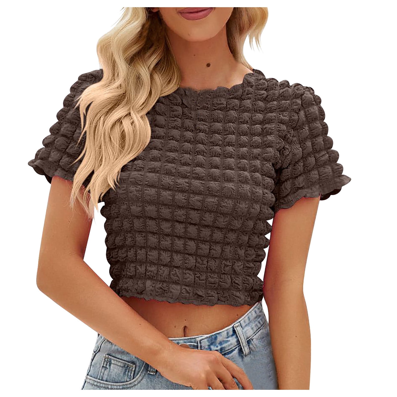 Ersazi Summer Popcorn Crop Tops Sleeveless Round Neck Going Out Tops In