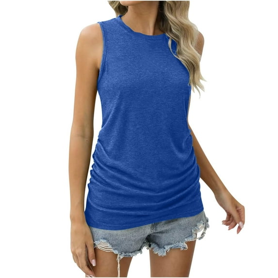 Ersazi Summer Tank Tops for Women Summer Women Solid Color Roundneck Pocket Sleeveless Casual Tee Tops Tank Blue S