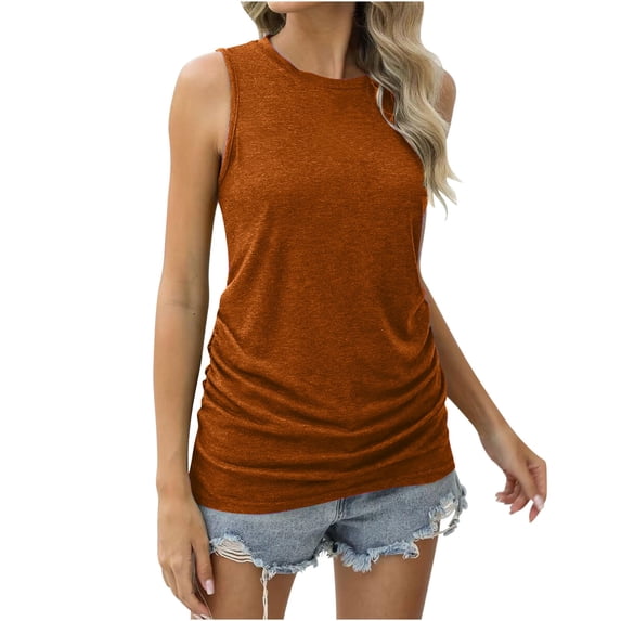 Ersazi Summer Tank Tops for Women Summer Women Solid Color Roundneck Pocket Sleeveless Casual Tee Tops Tank Coffee Xxl
