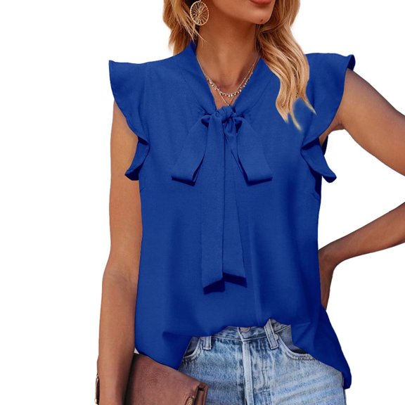 Ersazi Summer Tops for Women Sleeveless Womens Tie Neck Blouses Summer Causal Ruffle Trim Sleeveless Tops Blue S