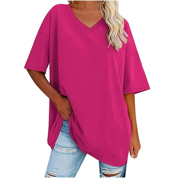 Ersazi Sweatshirts For Women Women'S Fashion V-Neck Pullover Short Sleeve Solid Loose Casual Shirt Hot Pink Ladies Tops And Blouses Xl