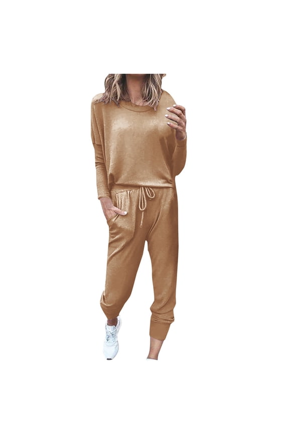 Ersazi Sweatsuit For Women 2 Piece Outfits Loose Two-Piece Sets Solid Long Sleeve Tops Casual Pants Sweatsuit Khaki M