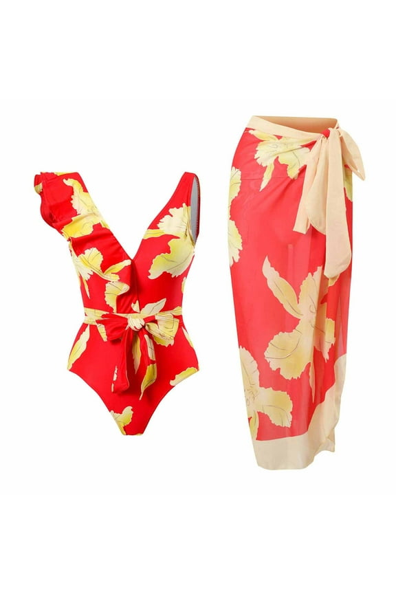 Ersazi Swim Suits for Women 2024 Women's Swimwear One-Piece Swimsuit Bikini Lace Up Swimsuit Long Skirt Chiffon Two-Piece Set Womens Bikini Swimsuits Red L