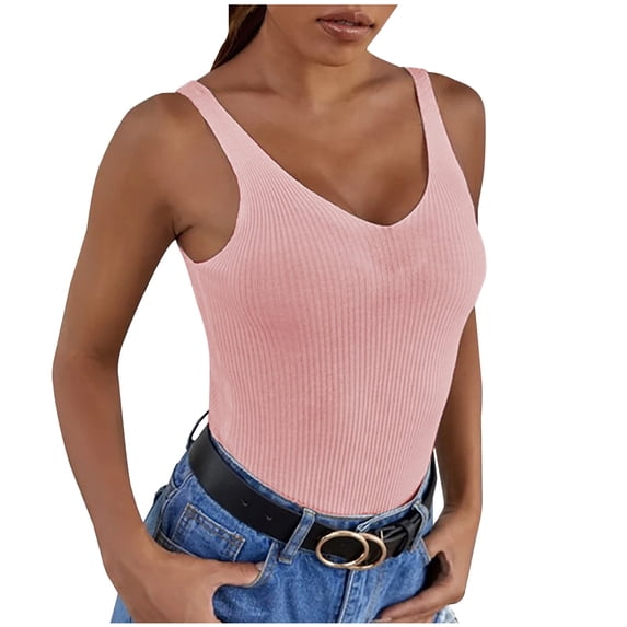 Ersazi Tank Tops for Women 2024 Casual Solid V-Neck Crop Tanks Top Camisoles Vest Pink