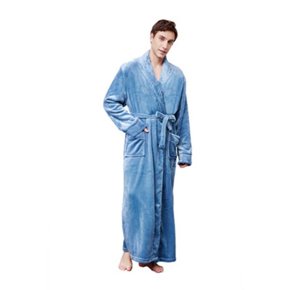 Ersazi Thick Flannel Color Lapel Home Clothes Long Sleeved Hooded Robe Coat Fall Pajamas Light Blue M