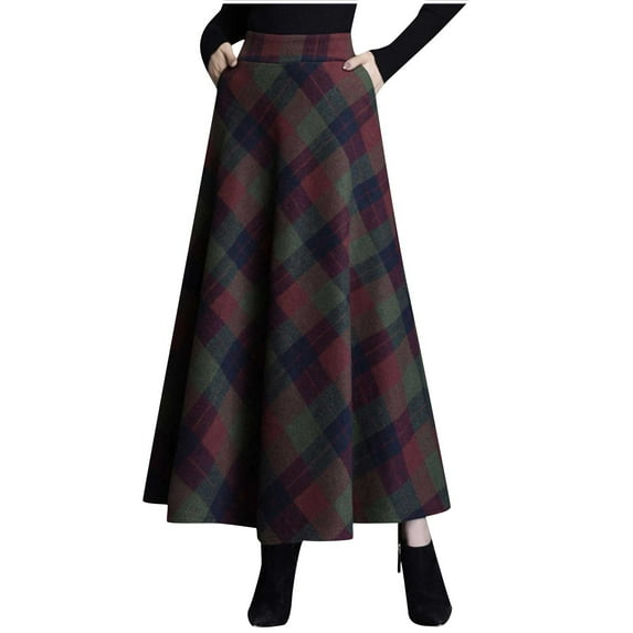Ersazi Vacation Dresses for Women Women's Retro Woolen Plaid Skirt, Women's Winter Mid Length High Waisted Woolen Skirt, Long Skirt Green L