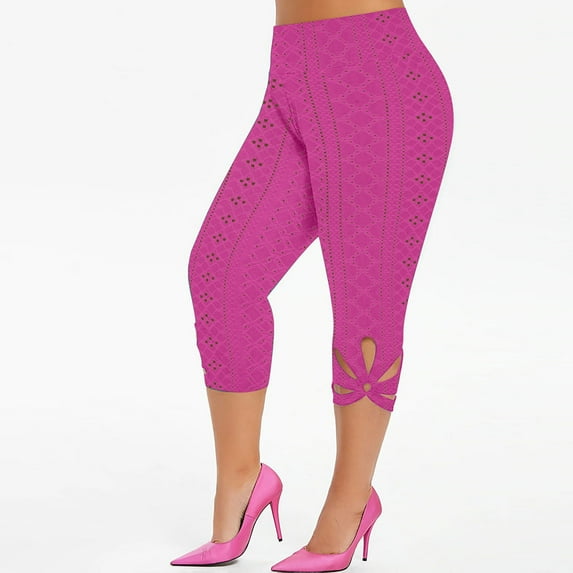 Ersazi Women Casual High Waist Wide Leg Pants Summer Fashion Women Plus Size Solid Hollow Elastic Waist Casual Leggings Capris Pants Hot Pink 4Xl