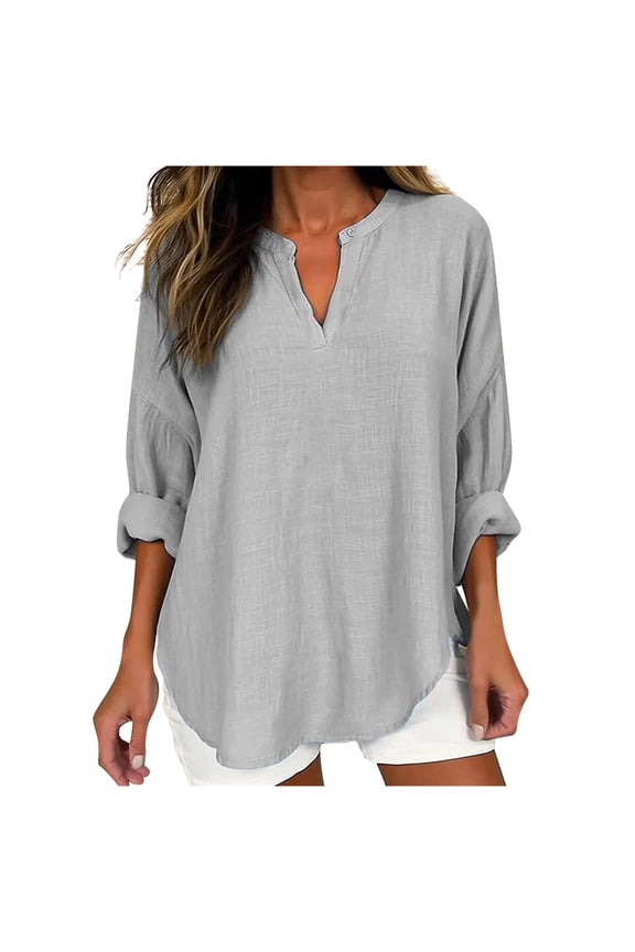Ersazi Women Guard Long Sleeve Women'S Fashion V-Neck Cotton Hemp Pullover Solid Loose Long Sleeve Shirt Gray Cotton Blouse L