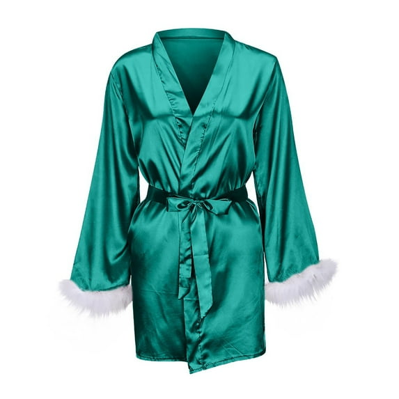 Ersazi Women Pajamas Women'S Sexy Solid Color Feather Robe 1 Piece Set Green L