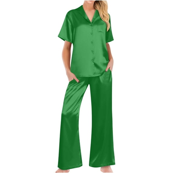 Ersazi Women'S Silk Satin Pajama 2 Piece Outfits Short Sleeve Crop Top And Wide Leg Pants Set With Pockets Christmas Pajamas for Family Green L