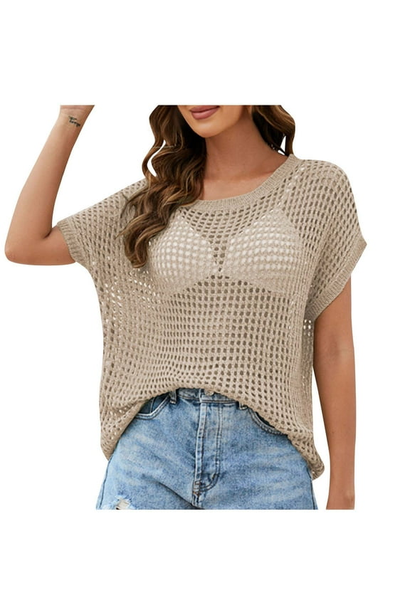 Ersazi Women Summer Casual Shirts Women's Tops Clothes Solid Color Handhook Blouse Loose Large Size Sleeve Sweater Short Sleeve Crew Neck Top/Shirt Khaki Xl
