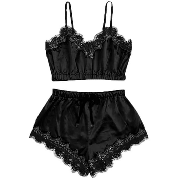 Ersazi Women Tops Shorts Lace Bowknot Nightdress Camisole Pajamas Underwear Set Womens Sexy Pajamas Black M