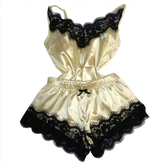 Ersazi Women Tops Shorts Lace Bowknot Nightdress Camisole Pajamas Underwear Set Womens Winter Pajamas Yellow S