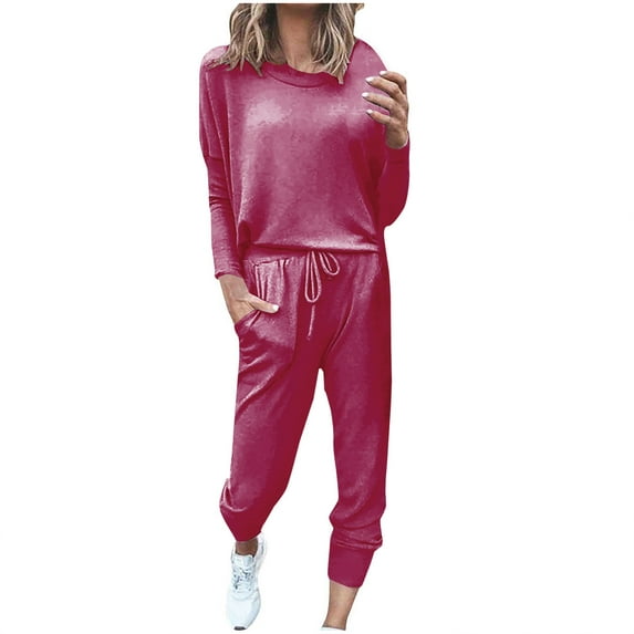 Ersazi Women's Two Piece Outfits Loose Two-Piece Sets Solid Long Sleeve Tops Casual Pants Sweatsuit In Clearance Hot Pink 4Xl