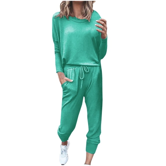 Ersazi Women's Two Piece Outfits Loose Two-Piece Sets Solid Long Sleeve Tops Casual Pants Sweatsuit Multicolor Xl