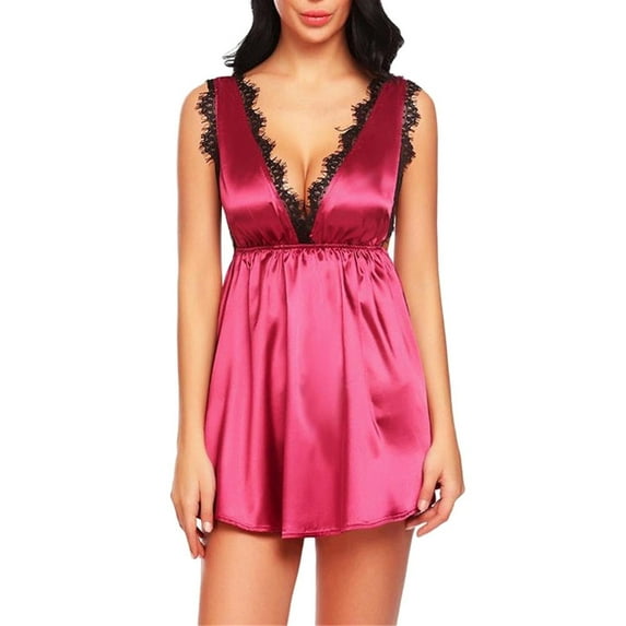 Ersazi Womens Christmas Pajamas Plus Size Lace Sleepwear Lingerie Temptation V Neck Underwear Nightdress Hot Pink M