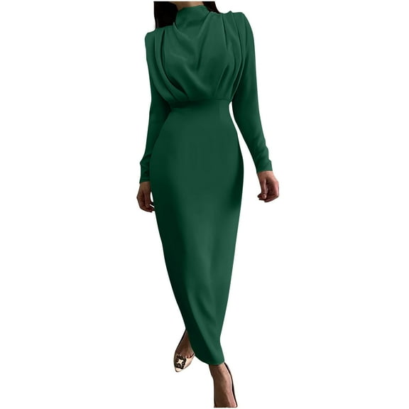 Ersazi Womens Dresses Summer Woman Solid Color Long Sleeve Waist in Fashion Fallow Commuting Long Dress Green S