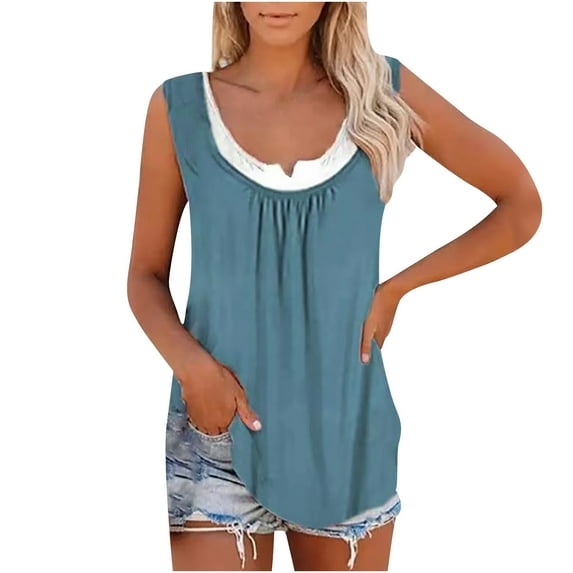 Ersazi Womens Fashion Tank Tops Fashion Women's Blouse New Casual Loose Color Splicing Classic Vest Tops Sky Blue L