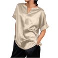 thumbnail image 1 of Ersazi Womens Short Sleeve Women's Cap Sleeve Silk Tops V Neck Satin Blouse Solid Color Elegant Loose Shirts Beige M, 1 of 5