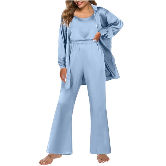 Ersazi Womens Silk 3 Piece Pajamas Satin Camisole Loungewear Set Button Cardigan With Loose Pants Onesie Adult Pajamas Women Light Blue M
