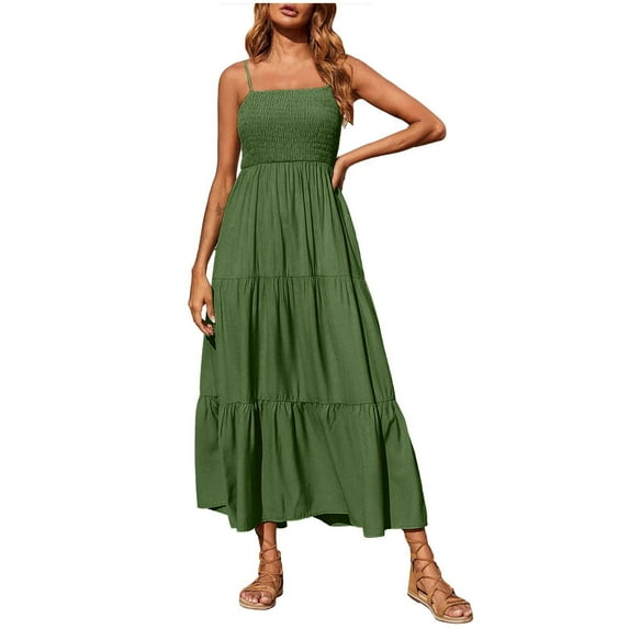 Ersazi Womens Skirts Bohemian Spaghetti Strap Smocked Tiered Long Beach Sun Dresses Sleeveless Solid Maxi Dress In Clearance Skirts With Pockets Plus Size Green 4Xl