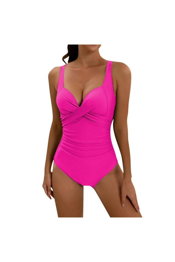 Ersazi Womens Swimsuits Women's Swimsuit Women's Solid Color Belly Cover Hard Back Bikini Womens One Piece Swimsuits Hot Pink Xl