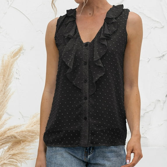 Ersazi Womens Tank Tops 2024 Summer Women's V Neck Sleeveless Lace Dots Shirts Blouses Vintage Elegant Tops Black S