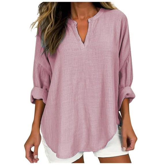 Ersazi Womens Tops Women'S Fashion V-Neck Cotton Hemp Pullover Solid Loose Long Sleeve Shirt Pink Ladies Tops And Blouses L