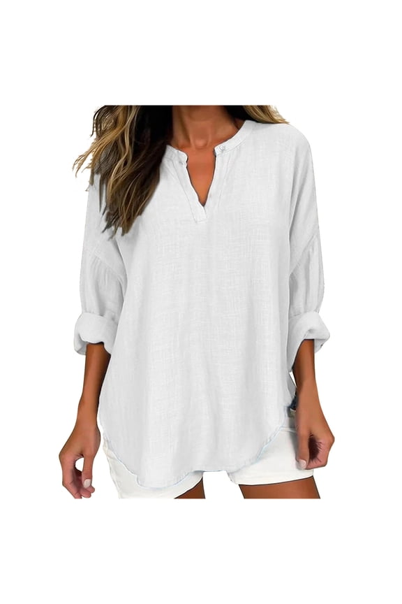 Ersazi Womens Tops Women'S Fashion V-Neck Cotton Hemp Pullover Solid Loose Long Sleeve Shirt White Ladies Tops And Blouses M
