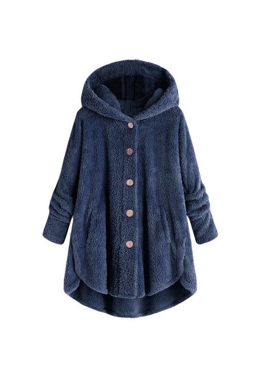 Ersazi Womens Winter Jacket Women'S Plus Size Solid Color Plush Hooded Warm Coat Navy 2Xl
