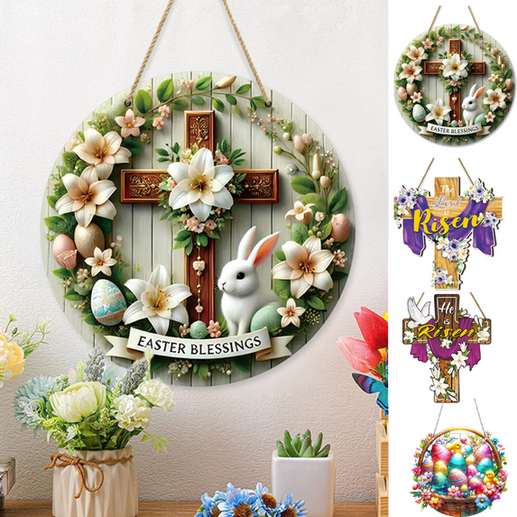 Ersvoioy Easter Door, Easter Cross Wooden Hanging Decorations, Easter Bunny Wall Hanger Floral Spring Decor Wooden Pendant Festival Scene Decoration for Easter Spring Party Indoor Outdoor Home