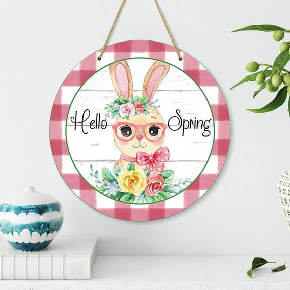 Ersvoioy Easter Door, Easter Cross Wooden Hanging Decorations, Easter Bunny Wall Hanger for Outdoor Outside Porch, Spring Rustic Farmhouse Wooden Wreath Indoor Pink